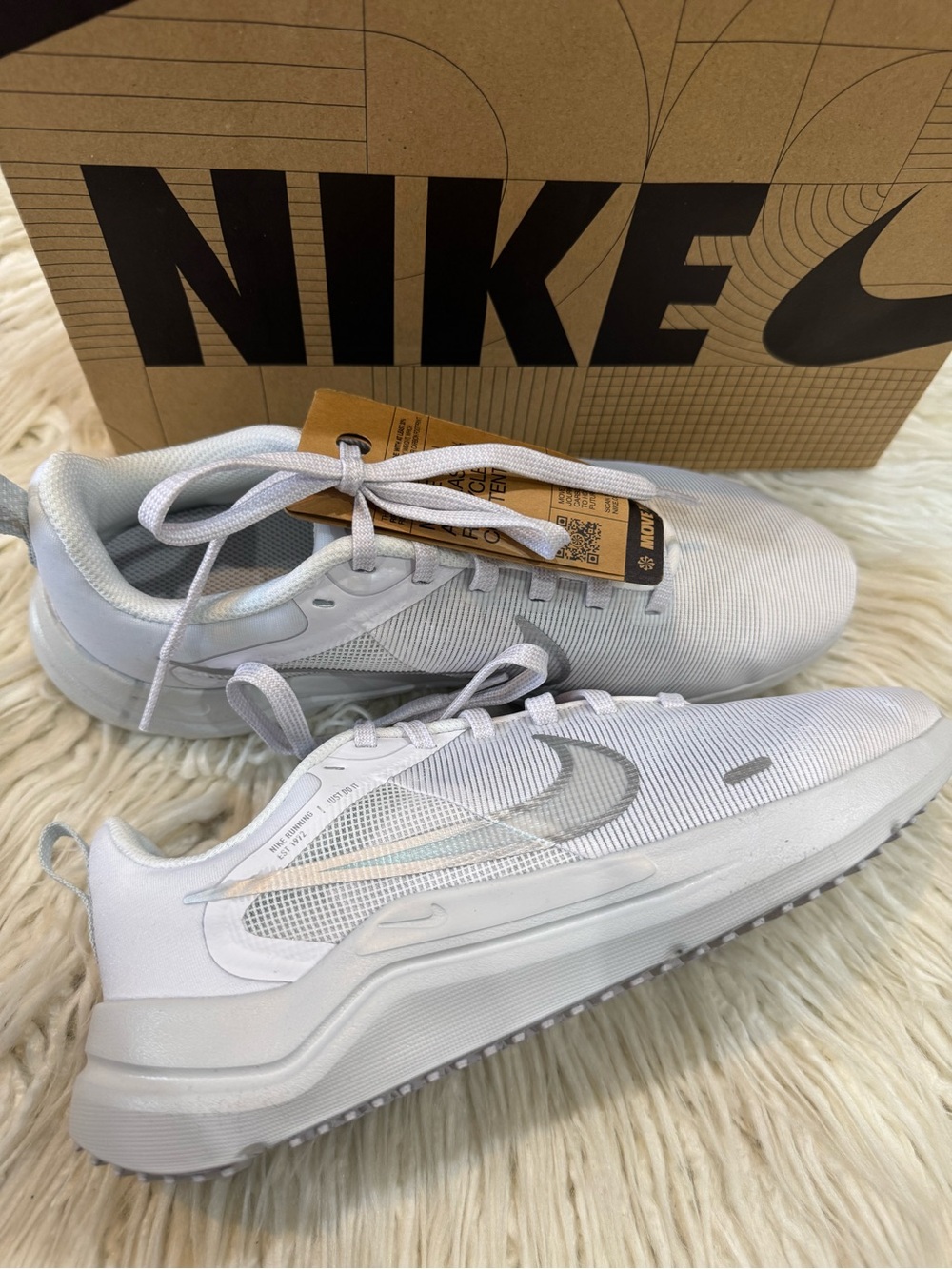 Nike Downshifter 12 White Athletic Sneakers with Silver Swoosh